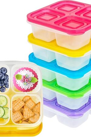 5 Pack Reusable Plastic Snack Bento Boxes,4-Compartment Lunch Container with Lid,Divided Food Storage Containers for School,Travel,Work