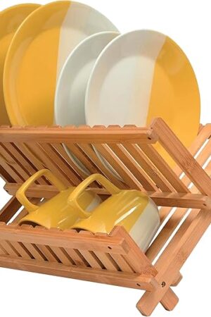 BAMBUSI Dish Drying Rack - Collapsible 2-Tier Bamboo Dish Rack for Kitchen Counter, Wooden Dish Drainer with Foldable Space-Saving Design - Drying Rack for Dishes, Plates, and Cups - Housewarming Gift