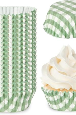 Whaline 300Pcs Sage Green Plaid Paper Baking Cups Green Checkered Cupcake Liners Small Cake Baking Cups Muffin Cupcake Wrappers for One Lucky Duck Birthday Baby Shower Wedding Party, 2x1.2 Inch
