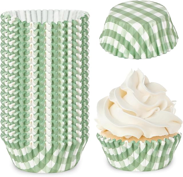 Whaline 300Pcs Sage Green Plaid Paper Baking Cups Green Checkered Cupcake Liners Small Cake Baking Cups Muffin Cupcake Wrappers for One Lucky Duck Birthday Baby Shower Wedding Party, 2x1.2 Inch