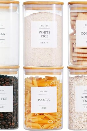 6 Pack Square Glass Kitchen Storage Jars with Airtight Bamboo Lids and 132 Pantry Labels - 35oz Glass Canisters With Wood Lids - Glass Food Storage Containers for Coffee, Cookie, Tea, Spice