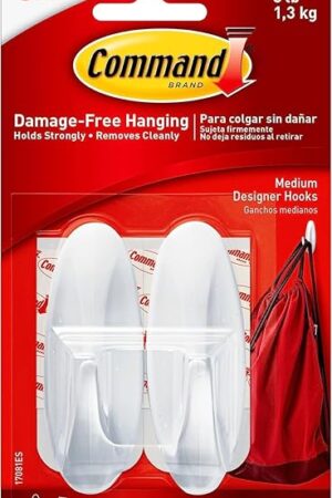 Command Medium Designer Hooks, 2 Hooks and 4 Command Strips, Damage-Free Hanging Wall Hooks with Adhesive Strips, No Tools Adhesive Hooks for Hanging, Organization and Storage, Holds up to 3 lb