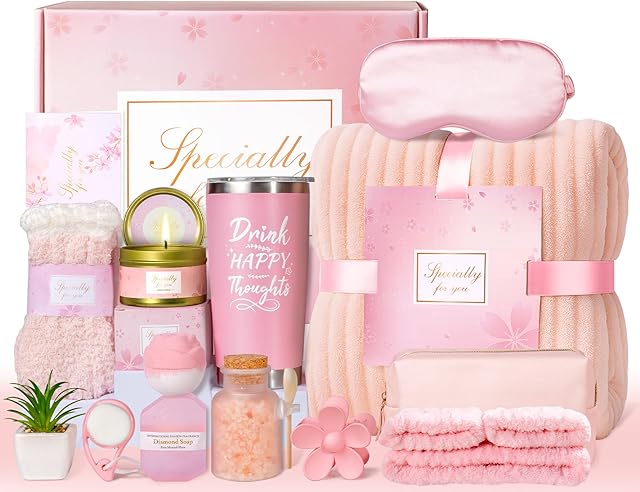15PCS Birthday Gifts for Women, Self Care Gifts Get Well Soon Gifts, Relaxing Spa Gifts Basket Care Package w/ Flannel Blanket and 20 oz Tumbler, Mothers Day, Christmas, Friendship Gift for Mom Wife