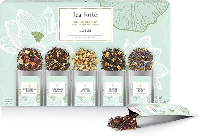 Tea Forte Lotus Single Steeps Loose Leaf Tea Sampler, 15 Count | Pre-Portioned Pouches | 3 of Each Flavor | Gift Set with Blends | Steeps 12 oz