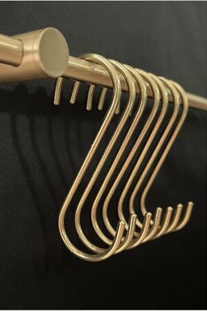 7 Pack Solid Copper Brass S Hooks for Hanging Jeans Pan Pots Holder Rack Hangers Gold S-Shaped Hooks for Coffee Mugs Kitchenware Utensils Rail