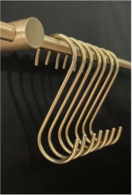 7 Pack Solid Copper Brass S Hooks for Hanging Jeans Pan Pots Holder Rack Hangers Gold S-Shaped Hooks for Coffee Mugs Kitchenware Utensils Rail
