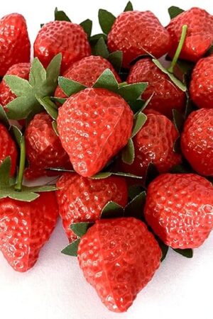 Aliotech 18PCS Plastic Artificial Red Strawberries Fake Lifelike Simulation Realistic Strawberry Artificial Fruits Decoration Photography Prop for Home Kitchen Decoration