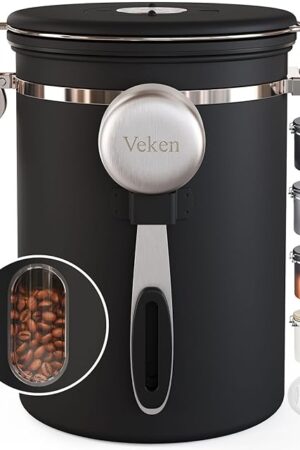 Veken Coffee Canister with Window,Airtight Stainless Steel Container,Home Kitchen Food Storage Organizers for Grounds,Beans,Espresso,Rice,Tea,Sugar,Flour, Cereal,Scoop,Bar Accessories,Gifts,22OZ,Black