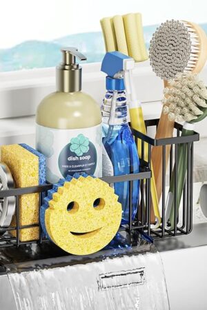Epicano Sink Caddy Sponge Holder, Smiley Face Sponge Rack with High Brush Holder,Rustproof Kitchen Countertop Organizer,Kitchen Gadgets Sink Accessories, 7.6" x 6.3" x 4.1", Black