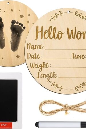 Baby Announcement Sign, 5.9 Inch Round Baby Nursery Name Signs with Ink Pad for Baby Hand and Footprints Wooden Hello World Newborn Sign for Photo Prop