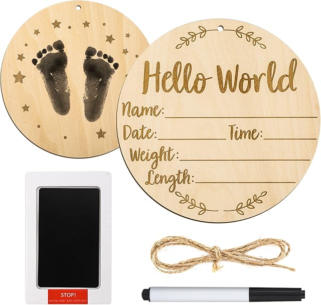 Baby Announcement Sign, 5.9 Inch Round Baby Nursery Name Signs with Ink Pad for Baby Hand and Footprints Wooden Hello World Newborn Sign for Photo Prop