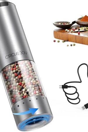 CIRCLE JOY Electric Pepper Grinder Stainless Steel Rechargeable Pepper Mill with External Adjustable Coarseness, 95ml Container and White LED Light, Silver