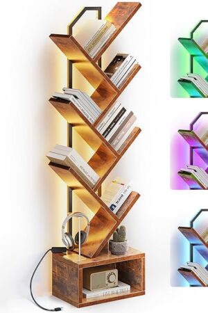 Casaottima 6-Tier Tree Bookshelf — Narrow Floor Standing Bookcase, Tall Steel & Wood Book Organizer Shelf with Cabinet, Home Decor for Living Room/Bedroom/Home Office, Vintage