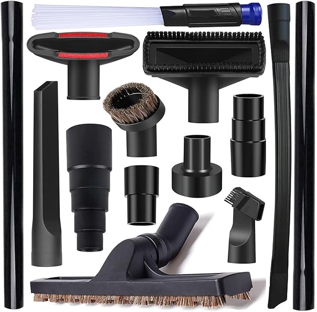 14Pcs Universal Vacuum Attachment Professional Shop Vac Accessories Wet Dry Vacuum Hose Adapter with Hair Brush Extension Wand Flexible Crevice Tool fit 2 1/2" to 1 1/4" and 1 7/8" to 1" Vacuum Hose