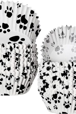 200 Pcs Paw Bone Cupcake Liners Dog Wrappers Paw Pattern Cup Cake Holder Puppy Dog Theme Cupcake Wrappers for Baby Shower Birthday Party Supplies(Black)
