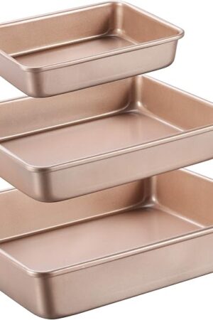 Deep Baking Pans Set Nonstick,Rectangle Cake Pan,Stackable Bakeware Set of 3,Oven Trays for Baking,Gold(9''/11''/13'')