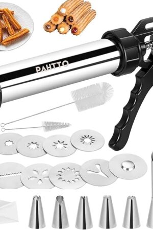 Churro Maker Machine, Stainless Steel Churros Gun Kit, 3-in-1 Multifunctional Cookie Press Hollow Churro with Piping Bag, 7 Piping Nozzles, 9 Cookie Discs & 2 Brushes, Easy to Clean