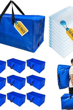 20 Pack Heavy Duty Extra Large Moving Totes with Backpack Straps & Large Vacuum Storage Bags - Space Saving, Fold Flat, Includes Vacuum Bags