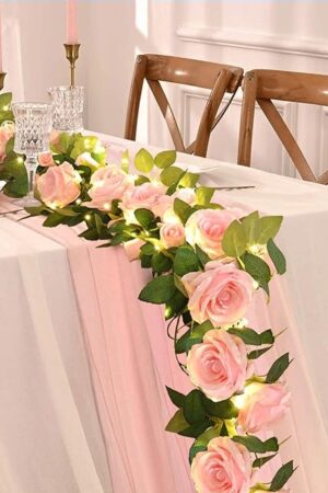 2 Pcs Flower Garland with 19.6 Ft Lights, 13.2 Ft Pink Floral Garland Fake Flowers for Wedding Arch Party Wall Garden Room Decor