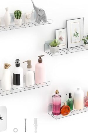 4 Pack Floating Shelves – Clear Acrylic/PET Wall-Mounted No Drill Storage with Adhesive, Invisible Bathroom & Bedroom Shelving for Kitchen, Living Room, Transparent Decor