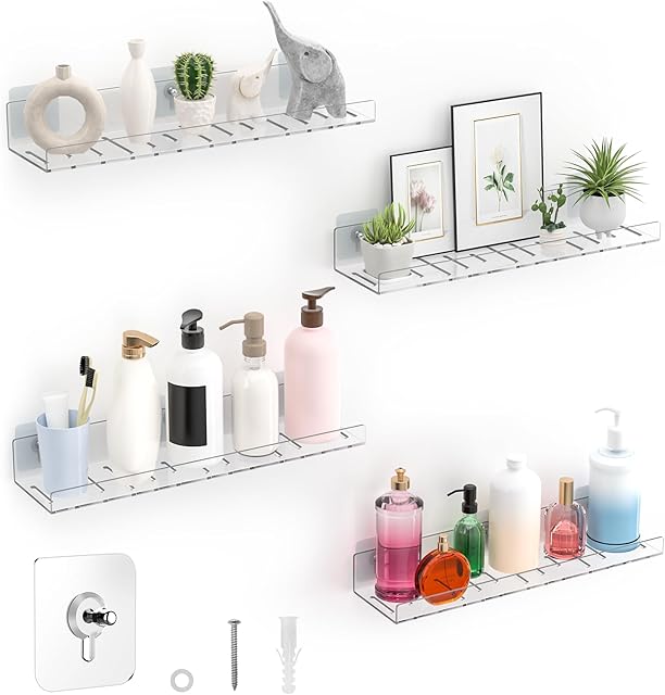 4 Pack Floating Shelves – Clear Acrylic/PET Wall-Mounted No Drill Storage with Adhesive, Invisible Bathroom & Bedroom Shelving for Kitchen, Living Room, Transparent Decor