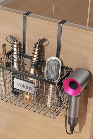 Voldra Hair Dryer Holder Cabinet Door, Adhesive Hair Tool Organizer Wall Mount Adjustable Height Blow Dryer Holder Under Sink/Countertop for Flat Curling Iron, Hair Brush and Straightener (1, Black)