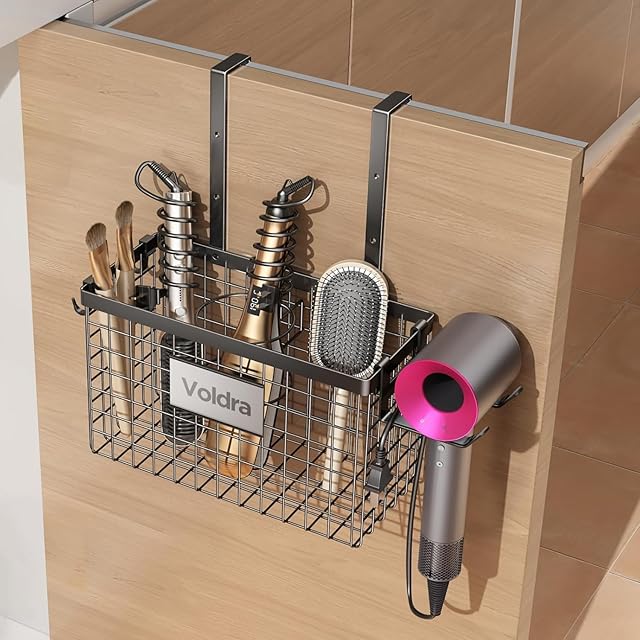 Voldra Hair Dryer Holder Cabinet Door, Adhesive Hair Tool Organizer Wall Mount Adjustable Height Blow Dryer Holder Under Sink/Countertop for Flat Curling Iron, Hair Brush and Straightener (1, Black)