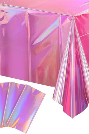 4 Pack Iridescent Pink Plastic Tablecloths, FunnyPars Shiny Disposable Laser Rectangle Table Covers, Holographic Foil Tablecloth Iridescent Party Decorations for Birthday Wedding Christmas, 54x108Inch
