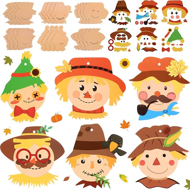 The Yexiya 24 Pieces Fall Scarecrow Head Craft Kits Assorted Scarecrow DIY Ornaments for Kids Art Gift Favors Autumn Thanksgiving Project Home Classroom Game Activities