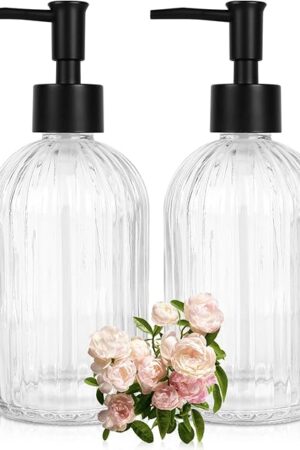 2 Pack Glass Soap Dispenser with Pump, 13.5oz Refillable Soap Dispensers with Vertical Stripe for Hand Wash & Dish Wash, Elegant Bathroom Soap Dispenser for Dishwashing Liquid, Lotion