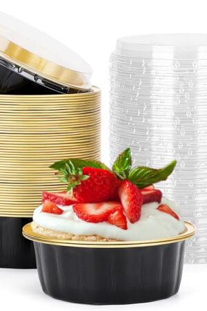 Beasea Disposable Ramekins with Lids, 8 oz 50 Pack Black Gold Aluminum Foil Cups, Disposable Creme Brulee Muffin Cupcake Baking Cup Mini Pudding Cups for Party Wedding Birthday