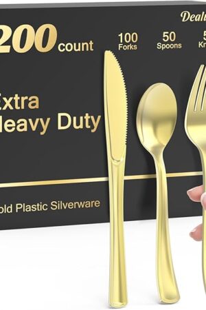 200 Count Heavy Duty Gold Plastic Silverware, 100 Forks, 50 Spoons, 50 Knives, BPA-Free, Heat Resistant, Disposable Plastic Utensils Set Cutlery Set, Plasticware Bulk