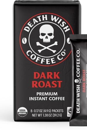 Death Wish Coffee Instant Dark Roast Coffee Packets, 300mg Caffeine, Bold & Intense Blend of Arabica & Robusta Beans, USDA Organic, 8 Count