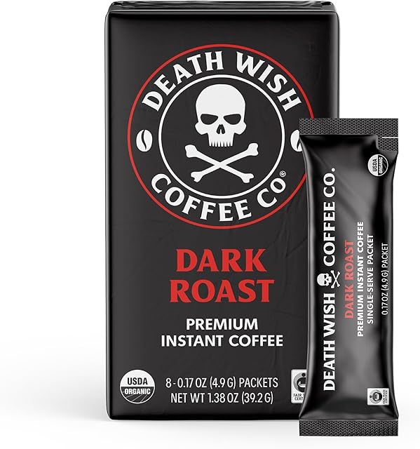 Death Wish Coffee Instant Dark Roast Coffee Packets, 300mg Caffeine, Bold & Intense Blend of Arabica & Robusta Beans, USDA Organic, 8 Count