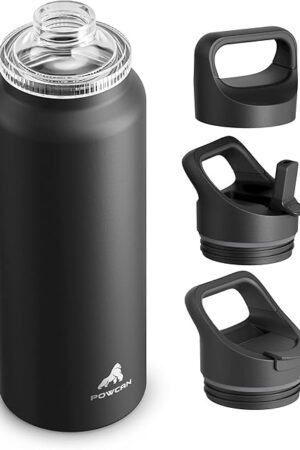 40 oz Insulated Water Bottle for Outdoors: 3 Lids, Leakproof, Keep Ice 24H and Hot 12H, Double Wall, Large Metal Water Flask with Handle for Camping, Hiking, Climbing, Workout, Travel (Midnight Black)