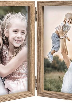 4x6 Picture Frames Double Hinged MDF Wood Grain with Glass Front Stand Vertical on Tabletop