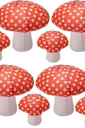 Windspeed 8Pcs Mushroom Shaped Paper Lanterns Large 3D Mushroom Paper Lanterns Decoration Hanging for Nursery Garden Christmas Party Decoration 8 inch, 12 inch