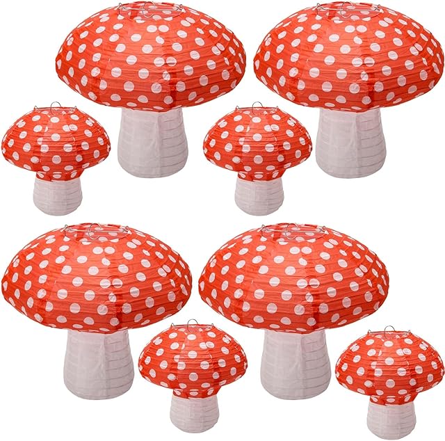 Windspeed 8Pcs Mushroom Shaped Paper Lanterns Large 3D Mushroom Paper Lanterns Decoration Hanging for Nursery Garden Christmas Party Decoration 8 inch, 12 inch