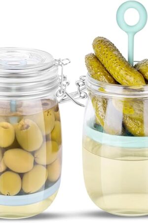 2 Pack Glass Pickle Jar with Strainer, 34 OZ Pickle Storage Container Keeper with Lift Strainer, Juice Separator Jar with Leak Proof Airtight Lid for Olive Gherkin Jalapeno Christmas Gifts