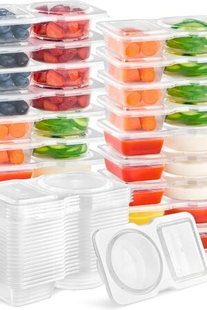 10 Pack Small Snack Pack Containers with Lids, 4.5 oz Plastic Double Compartment Condiment Containers for Dipping Sauce, Travel Snacks