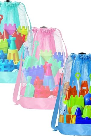 Beach Toy Bag,3pcs Mesh Travel Sand Toys Backpack for Sandbox Buckets,Beach Vacation Essentials for Kids,Shell Collecting Bag Shelling Tools,Beach Must Haves Sand Box Toys Seashell Bags