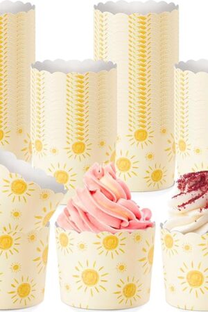 100 Pcs Bohemian Sun Paper Baking Cups Yellow Sunshine Cupcake Liners Wrappers Decorative Cupcake Holders for Summer Hawaii Picnic Baby Shower Pastel Wedding Birthday Party Favors Supplies