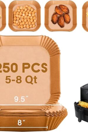 Disposable Paper Liner Square 250 Pcs for 5 to 8 Qt Air Fryer Baskets, Non-stick Oil-proof Parchment Liner Cooking Paper