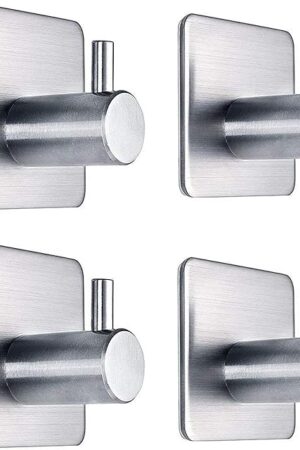 Adhesive Hooks Heavy Duty Wall Hooks Waterproof Stainless Steel Hanger for Hanging Coat, Hat,Towel Robe Hook Rack Wall Mount- Bathroom and Bedroom 4-Packs
