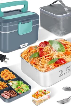 3.5L Super Large Electric Lunch Box Food Heater-Heated Lunch Box for Adults Men With Dual layer(2.5L 304 SS & 1L PP Fruit Container) 90W (12V/24V/110V) lonchera eléctrica portátil for Work/Car /Truck