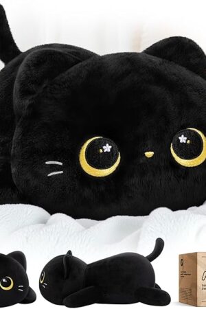 Cute Black Cat Plush Pillow, Kawaii Plushies Black Cat Stuffed Animals, Squishy Plushies, Cuddle Plush Pillow for Kids & Girls (13 Inch)