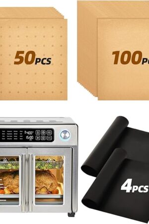 154PCs Paper Liners Compatible with Emeril Lagasse 26QT Extra Large Air Fryer Toaster Oven Accessories,100PCs Unbleached Parchment Paper,50PCs Disposable Liners with Holes, 4PCs Reusable Baking Mats