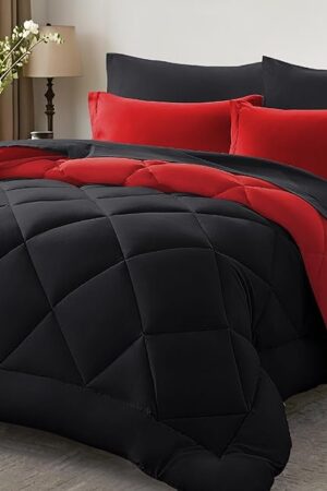 Anluoer Queen Comforter Set -7 Pieces Bed in a Bag Queen Size, Reversible Bed Set with 1 Comforter(88"*88"), 2 Pillow Shams, 2 Pillowcases, 1 Flat Sheet, 1 Fitted Sheet, Red & Black