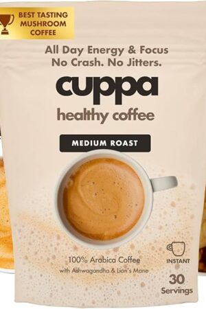 Cuppa Healthy Mushroom Insant Coffee with Lion's Mane & Ashwagandha for All Day Energy & Focus - No Crash or Jitters - Nootropics for Brain Health, Gut Health, Immunity, Stress, Memory + Mood (30 Servings, Medium Roast)