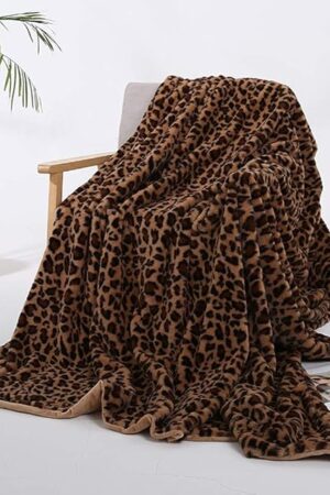Velboa Leopard Fax Fur Throw Blanket Brown 51 x 63 Inch